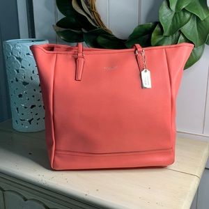 Coach salmon Saffiano Leather North South Tote Handbag Silver Hardware